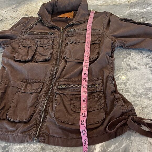 Twill 22 Twenty Two Jacket Womens L Brown Bomber Draw Strings Pockets Hood Y2K - Picture 9 of 12